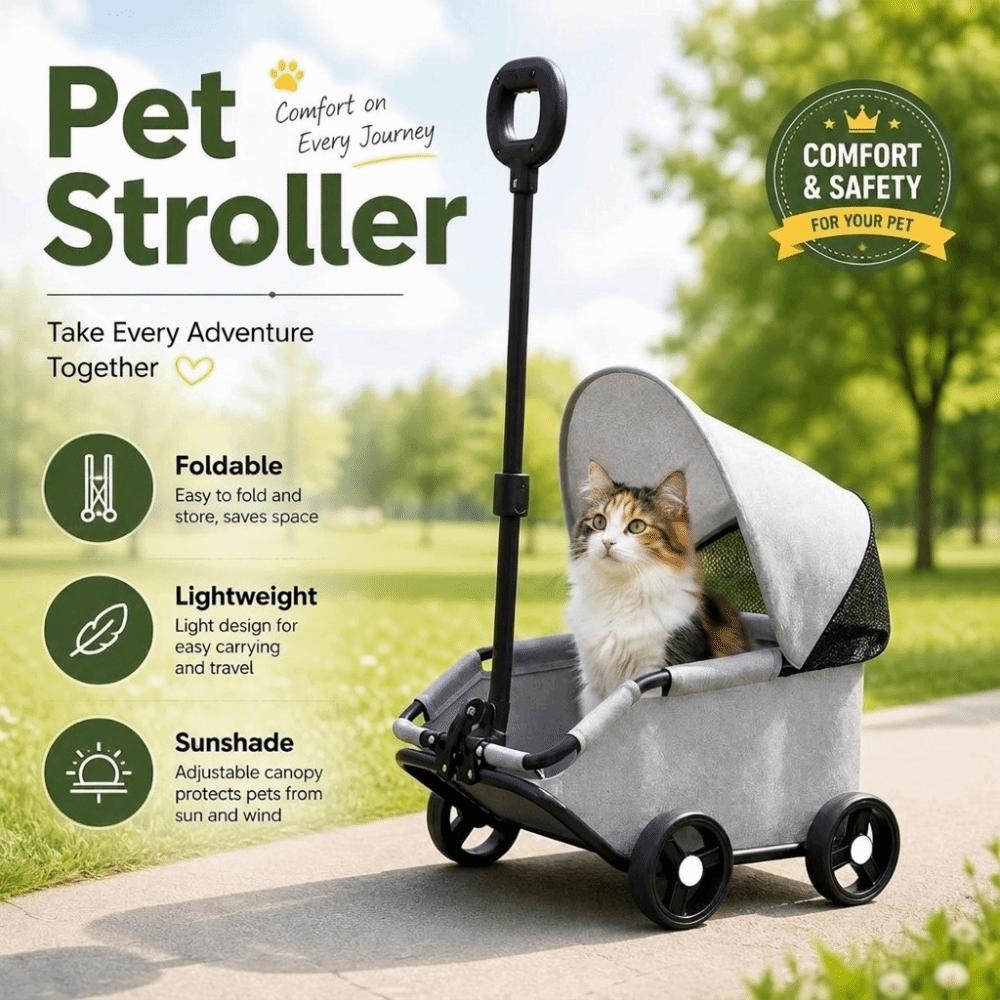 Dog Stroller Foldable Pet Stroller 4-Wheel with Sunshade Dog Carrier Cart Lightweight Portable Cat Cart Travel