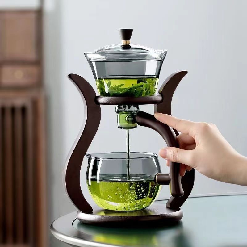Lazy Kung Fu Glass Tea Set Semi Automatic Drip With Infuser Glass Teapot Set Magnetic Switch Teapot Teacup Set Glassware