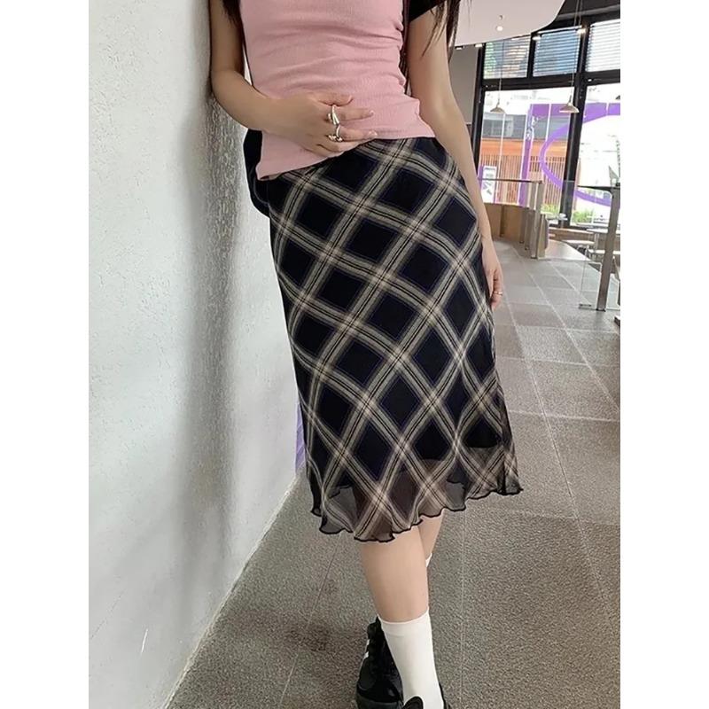 Y2k Vintage Plaid Skirt Women Summer 2024 Korean Style Casual Mesh Print High Waist Slim Midi Skirt Girl 90s Streetwear