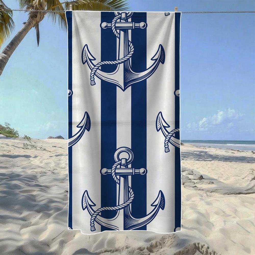 Sailboat & Anchor Stripe Pattern Beach Towel, Soft Quick-Drying, Perfect For Portable Outdoor Travel, Camping And Summer Beach