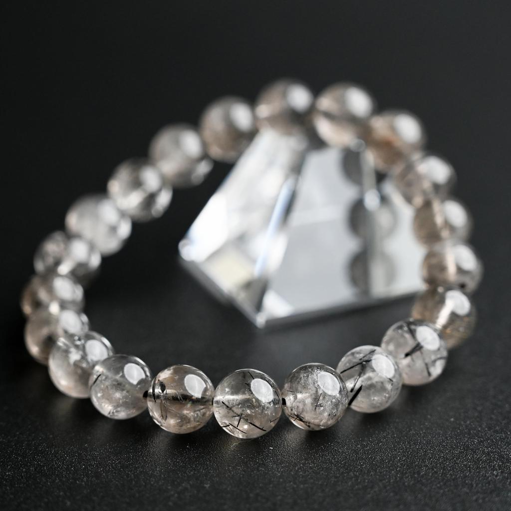 Black Smoky Rutilated Quartz Bracelet Tourmaline in 9mm 16cm Wrist Limited Natural Power Prayer Good Luck Feng Shui [Eigado] (Black Quartz) Stone,