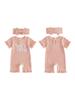 Toddler Girl 2-Piece Summer Set Short Sleeve Round Neck Floral Embroidery Romper with Matching Headband - Adorable Outfit for