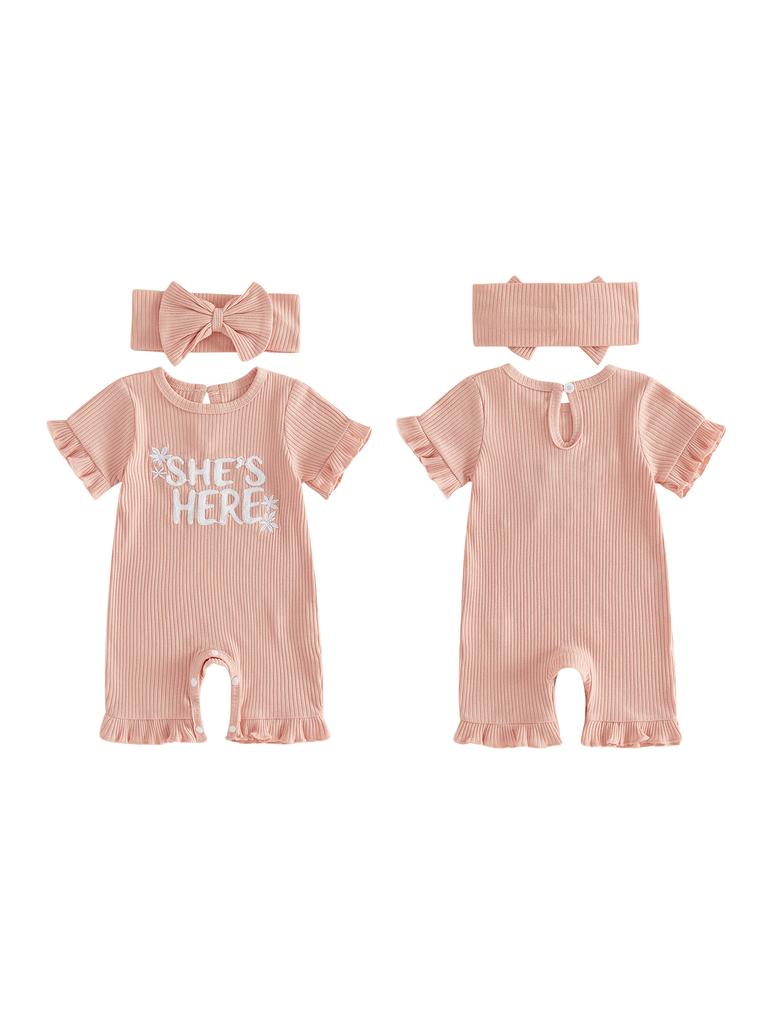 Toddler Girl 2-Piece Summer Set Short Sleeve Round Neck Floral Embroidery Romper with Matching Headband - Adorable Outfit for