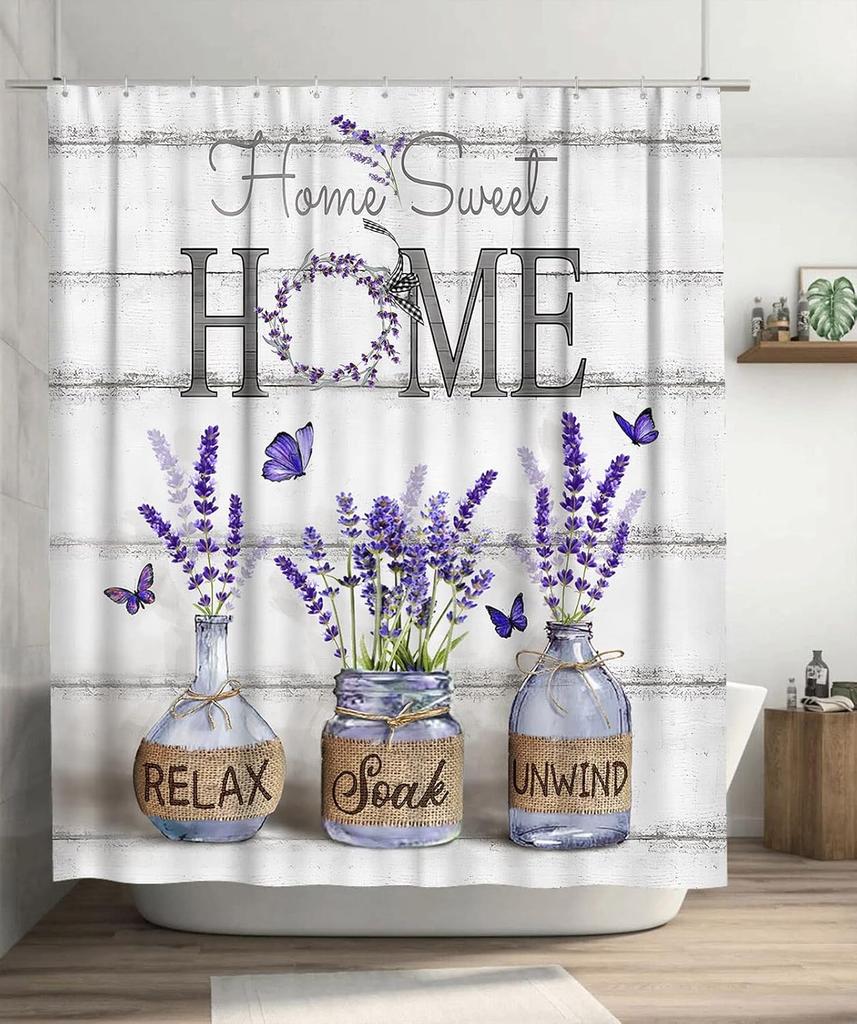 Tijuboni Purple Lavender Shower Curtain Farmhouse Flowers Shower Curtains for Neutral Country Bathroom Decor Rustic Butterfly Sh