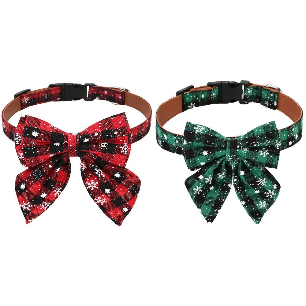 Christmas Dog Collar with Bow Tie, Classic Plaid Red Green Dog Collars with Removable Bowtie Christmas Collars for Large Dogs
