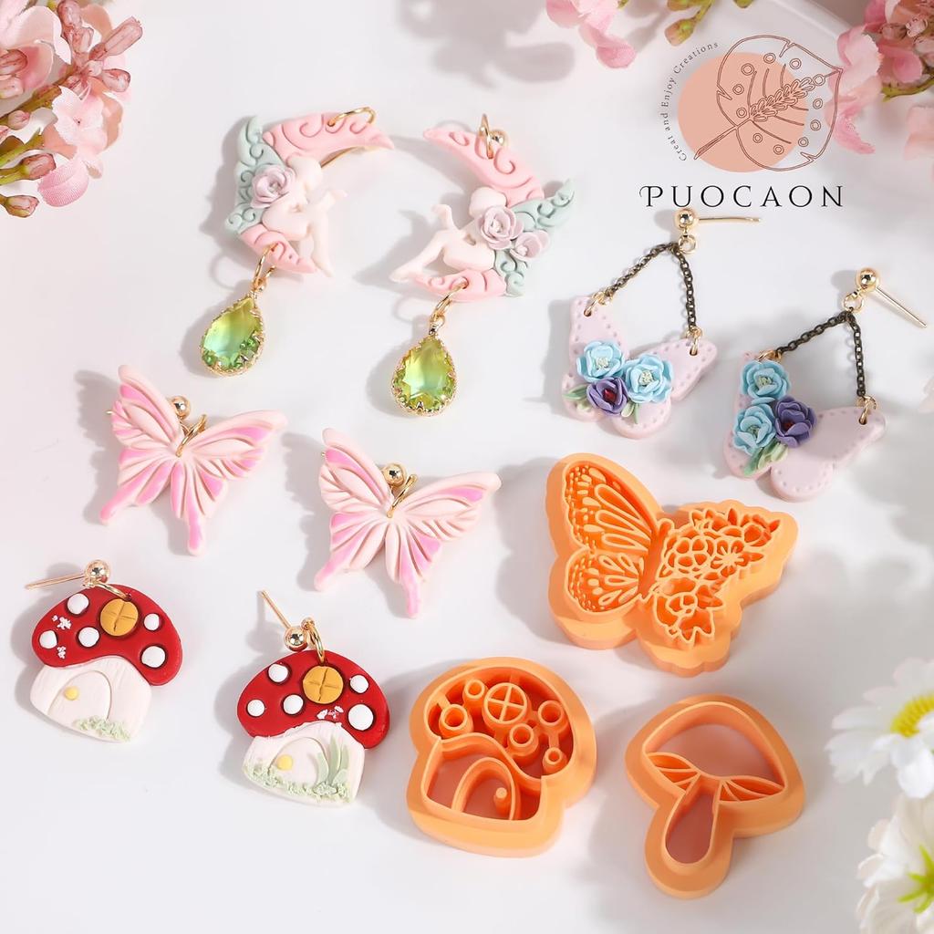 Puocaon Butterfly Polymer Clay Cutters - 9 Pcs Cottage Core Mushroom Clay Cutters for Polymer Clay Earrings, Rural Style Fairy Moth Polymer Clay