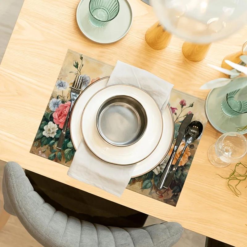 Vintage Floral Placemats, 30x45CM, Linen Knit Fabric, Hand Wash Only, Rectangular Table Mats For Farmhouse Dining