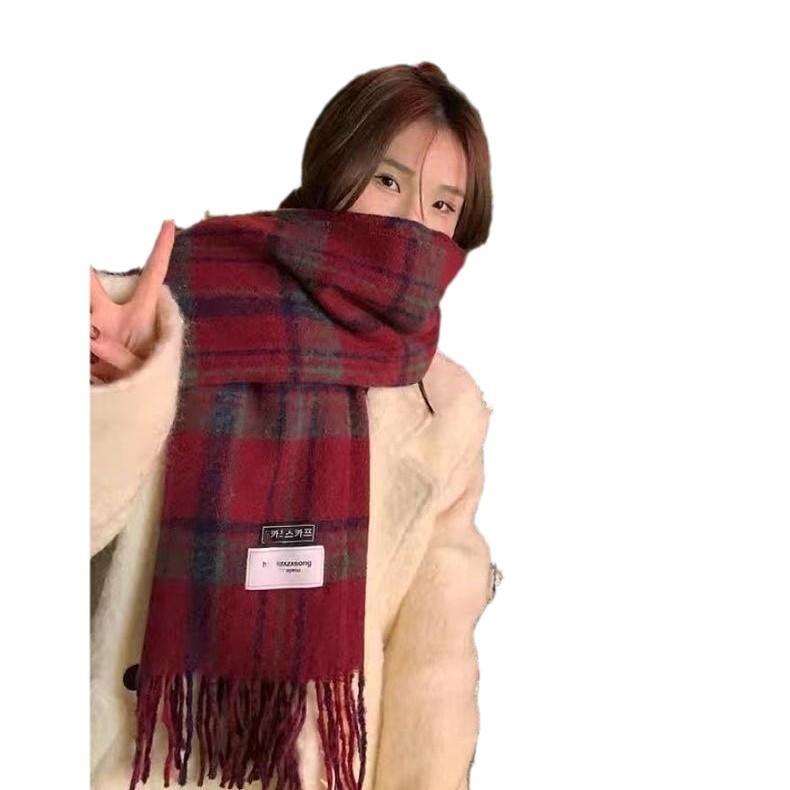 Classic Christmas Red Plaid Scarf for Women Winter Korean Style British Shawl Thickened Dual Purpose Warm Student Scarf for Men
