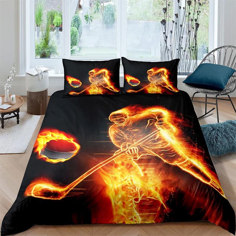 Ice Hockey Duvet Cover Hockey Player Bedding Set Winter Sports Event Comforter Cover Twin Full For Kids Boys Girls Bedroom Decor