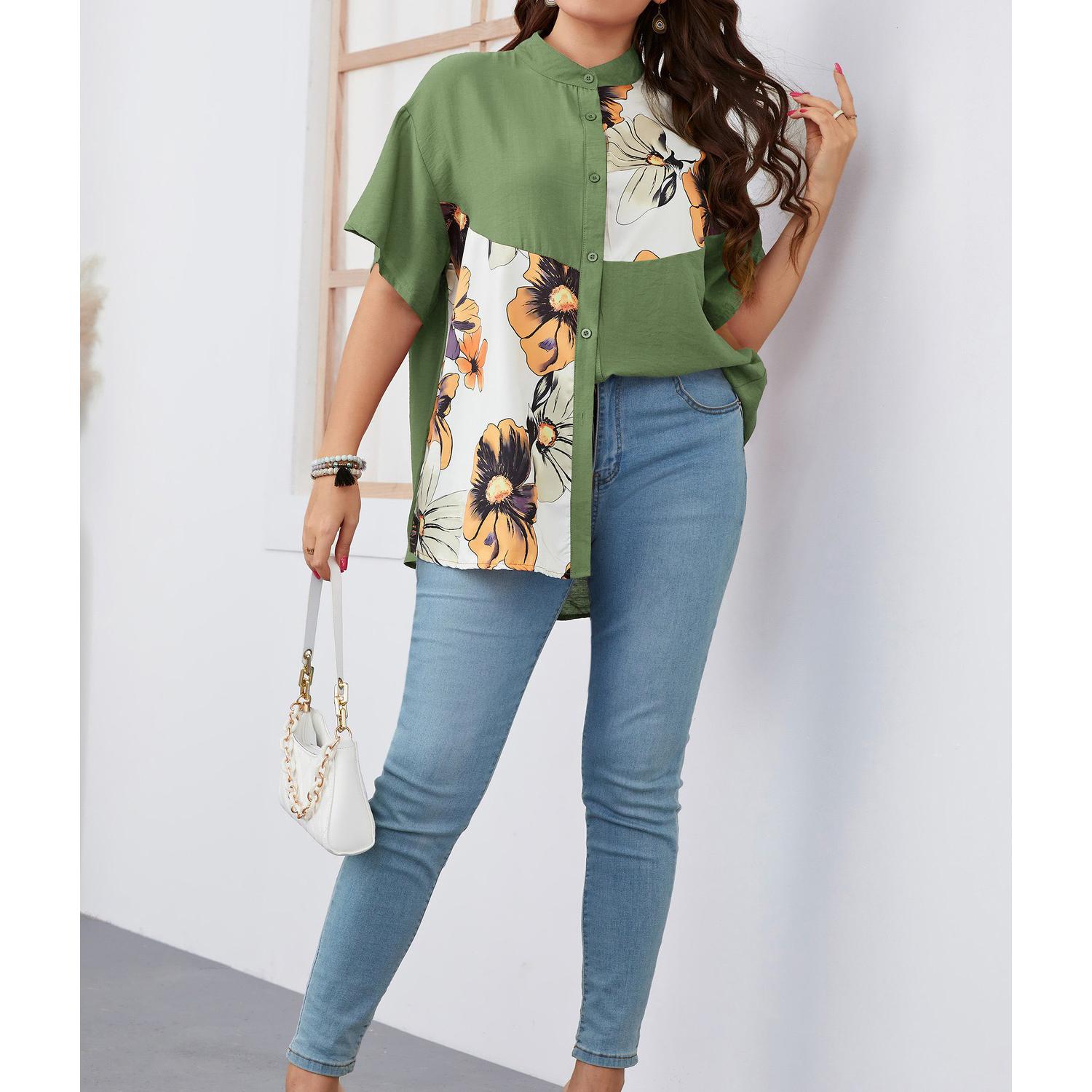

Женская лоскутная рубашка с цветочным принтом, нестандартная рубашка, воротник с коротким рукавом, свободная повседневная летняя футболка на пуговицах, легкая модная рубашка для поездок на работу плюс 3XL зелёный