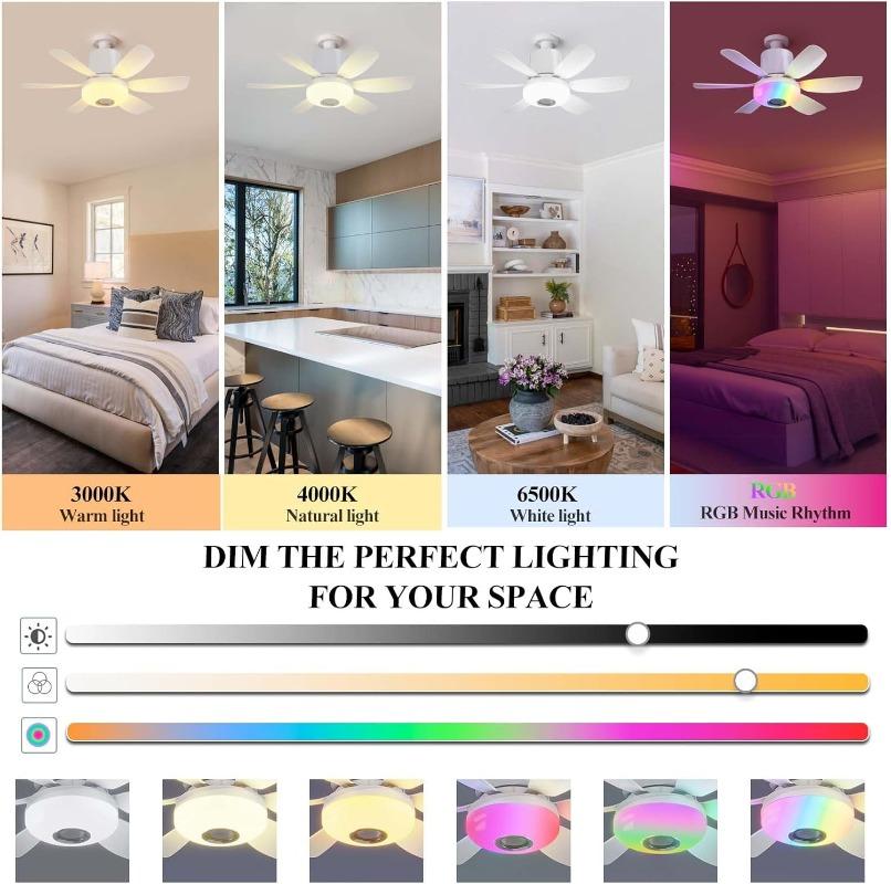 2026 New RGB Color Changing E27 Ceiling Fans with Remote Bluetooth Music 32W Led Ceiling Fan Light for Bedroom Kitchen Lighting