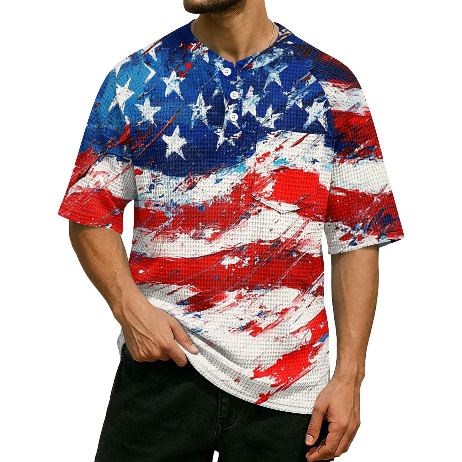 Men s Casual Waffle Knit Short Sleeve Shirt USA Letter Print Lightweight Breathable Summer Top with Button Front M