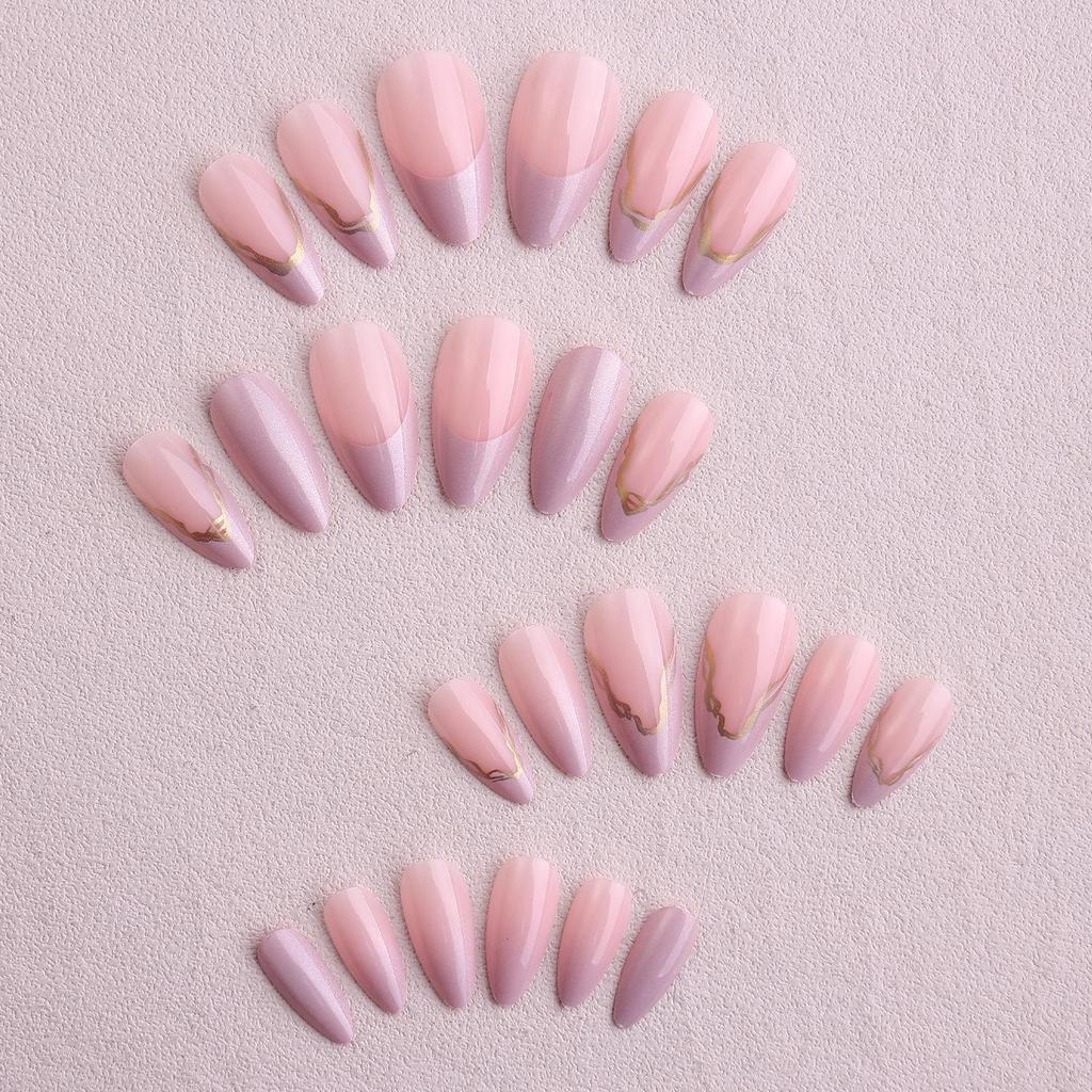 Elegant Nude Pink Gold Foil Almond-Shaped Wearable Nails with French Gold Line Design