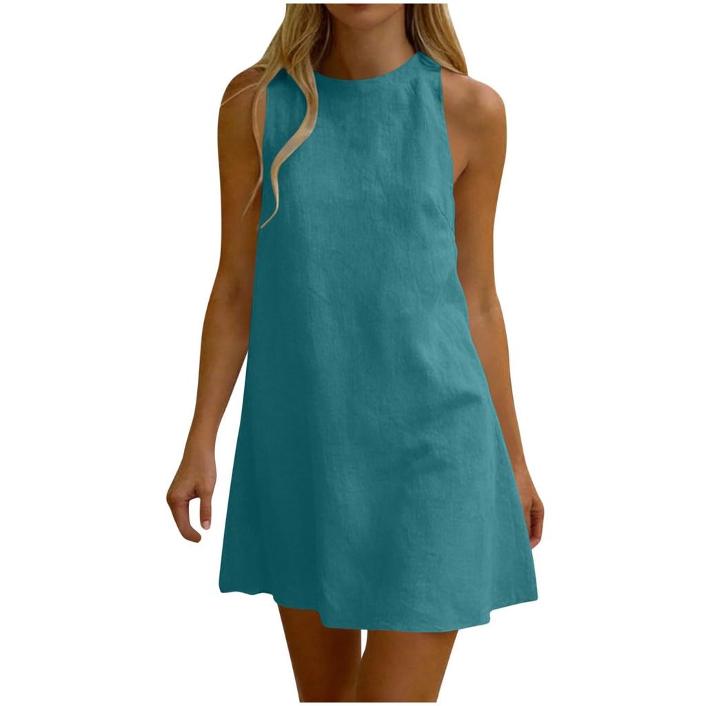 Sleeveless Pleated Dress Round Neck Short Dress Casual Vacation Dress Lightweight Summer Dress for Women