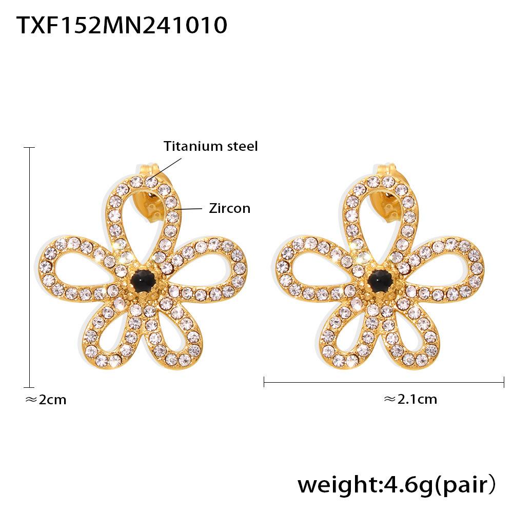 Women's European American Flower Zircon Earrings Necklace Jewelry Set Titanium Steel Plated 18k Gold Color Earrings