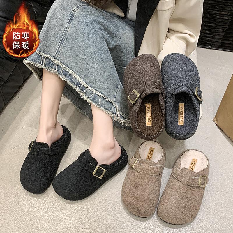 Retro Boken Shoes Fluffy Slippers Women's Outer Wear 2025 New Autumn and Winter One-pedal Velvet Cotton Slippers Bag Head Half Drag