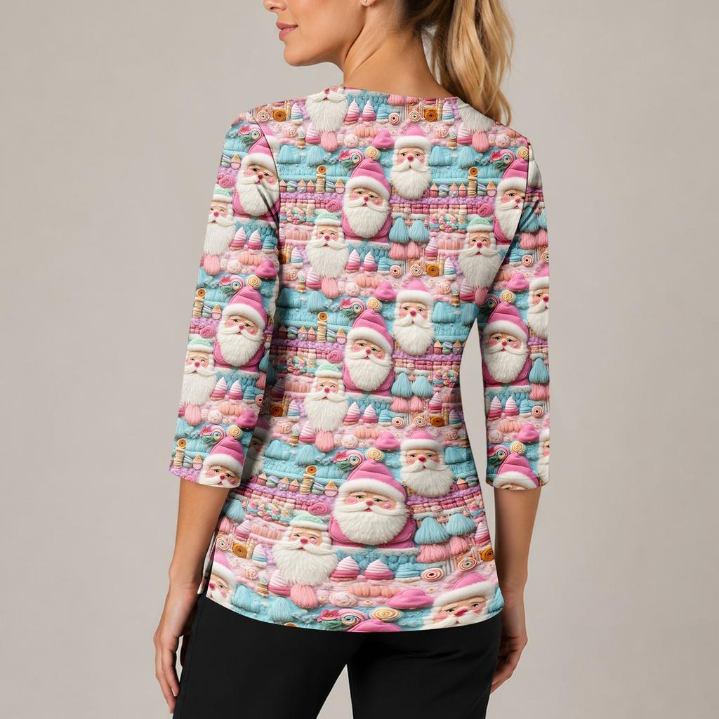 Women's Christmas Print Uniform V-Neck Scrub -Quarter Sleeve for Caregivers