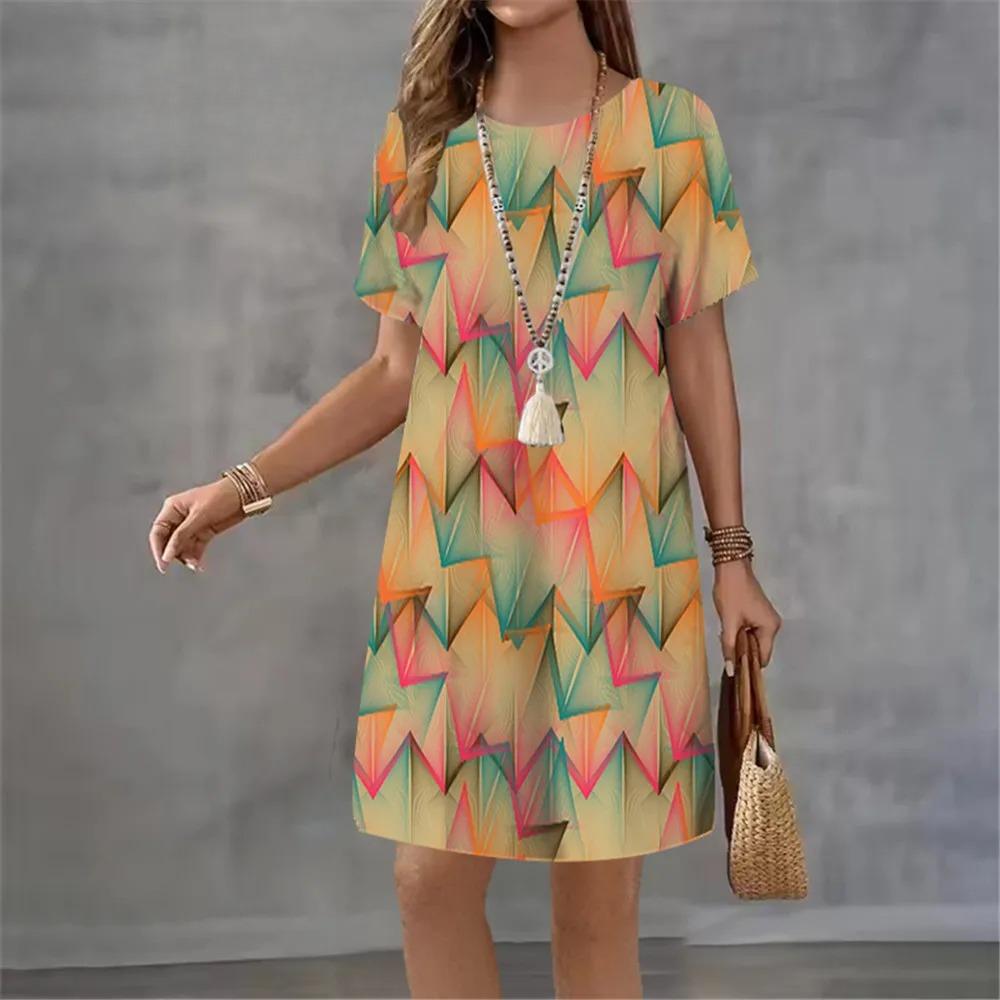 

2026 New Women s Dresses Geometric Graphic Abstract Striped Print Elegant Mini Dress Female Summer Loose Short Sleeve rint Dress 5XL