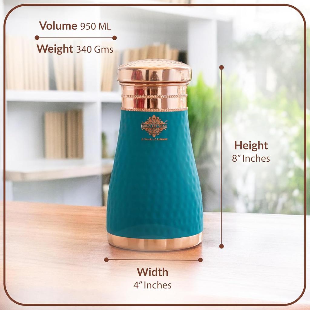 Медная бутылка (950 мл), Copper Water Bottle (Sky Blue Silk Finish), Indian Art Villa