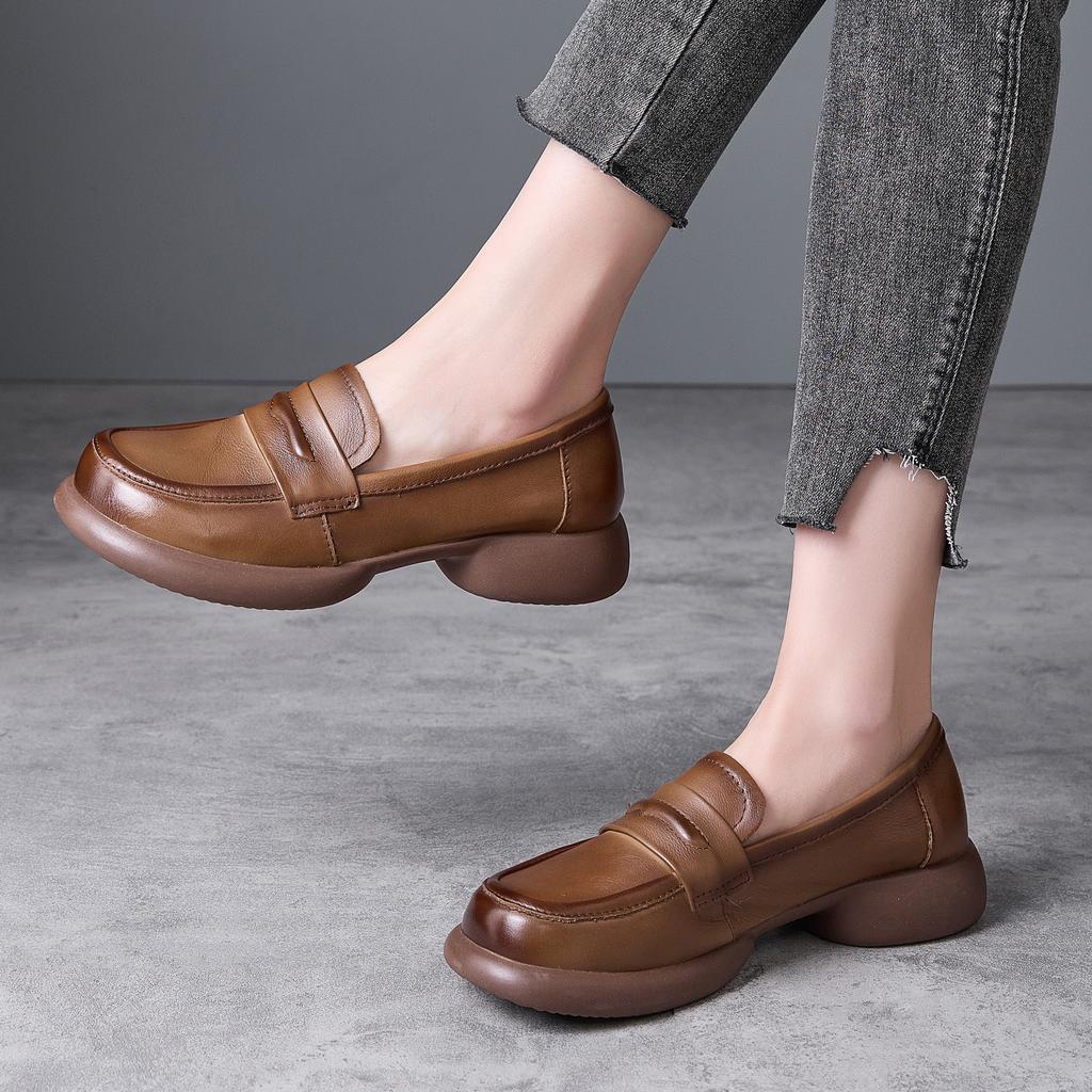 Spring new thick heel casual leather shoes women's soft surface rubber sole one pedal versatile small leather shoes women