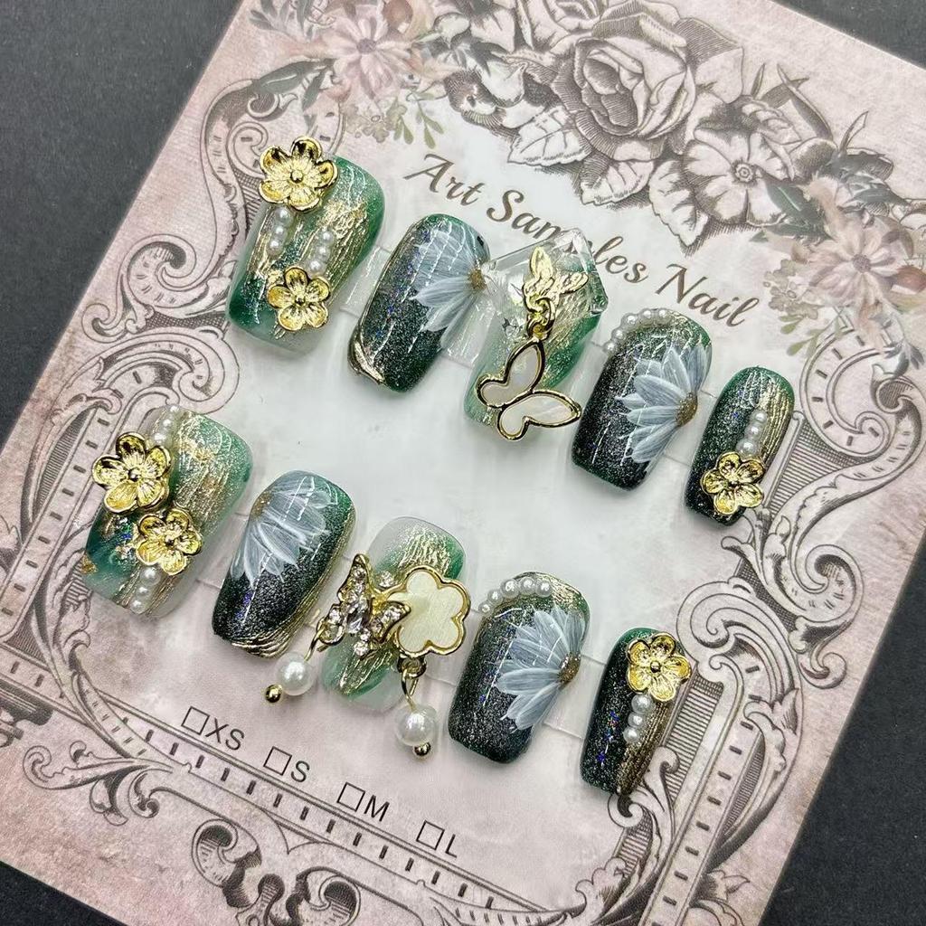 Green Hand-Painted Cat Eye Short Nail Art Tips - Purely Handmade Wearable Nails