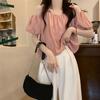Pink Short Sleeve Shirt Women's Summer Design Premium French Short Clavicle Shoulder Bubble Sleeve Chic Top