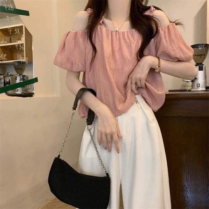 Pink Short Sleeve Shirt Women s Summer Design Premium French Short Clavicle Shoulder Bubble Sleeve Chic Top S розовый