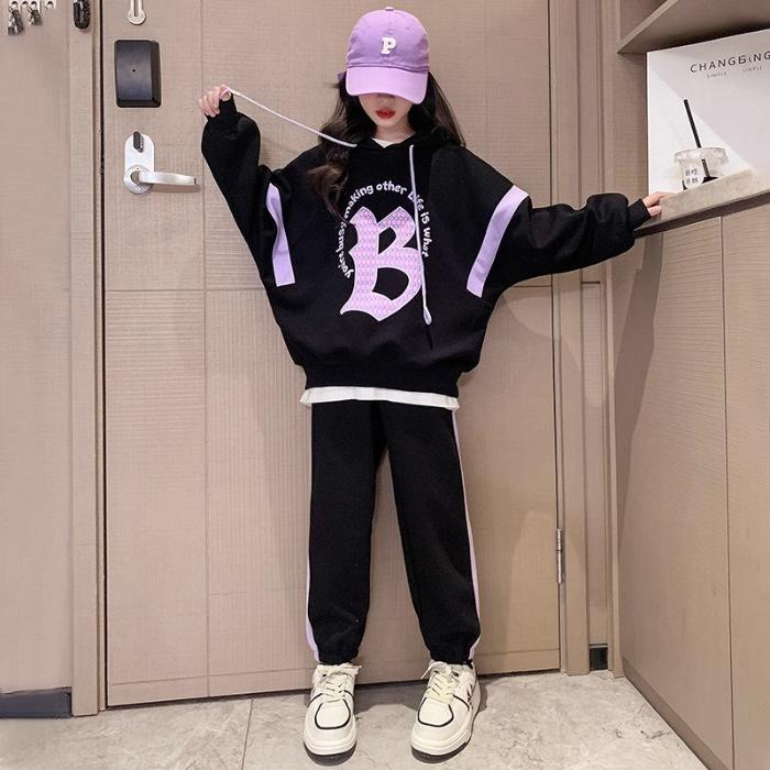 

Костюм для девочек, свитер с длинными рукавами и капюшоном + брюки, костюм из двух частей, модный свободный костюм с шароварами, верхняя одежда, повседневный, простой 110 чёрный