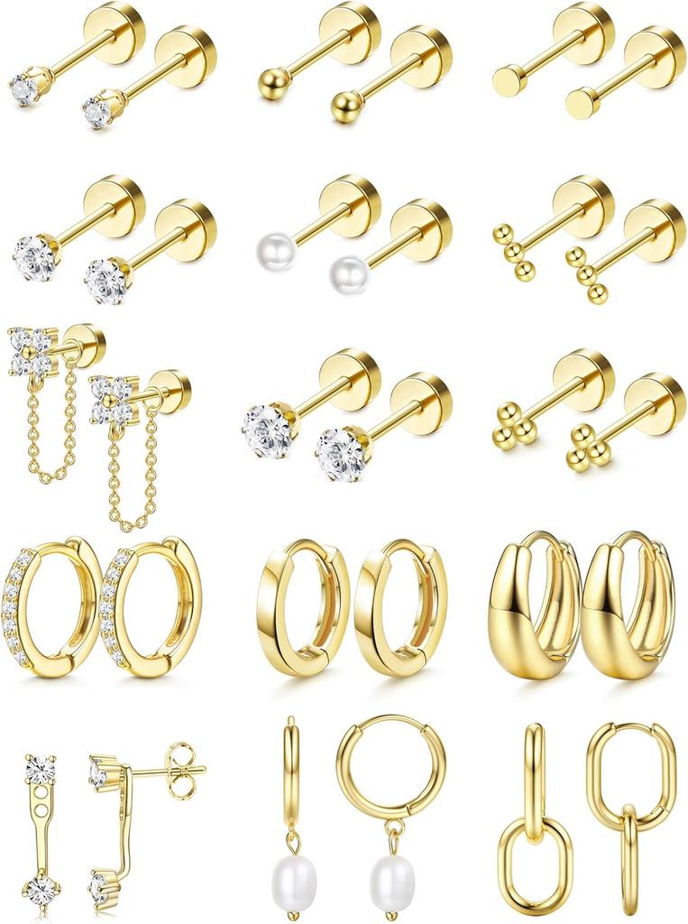 Bobisty Surgical Stainless Steel Flat Back Earrings for Women Cartilage Earring Stacks 14K Gold Plated Hoop Stud Earring Sets