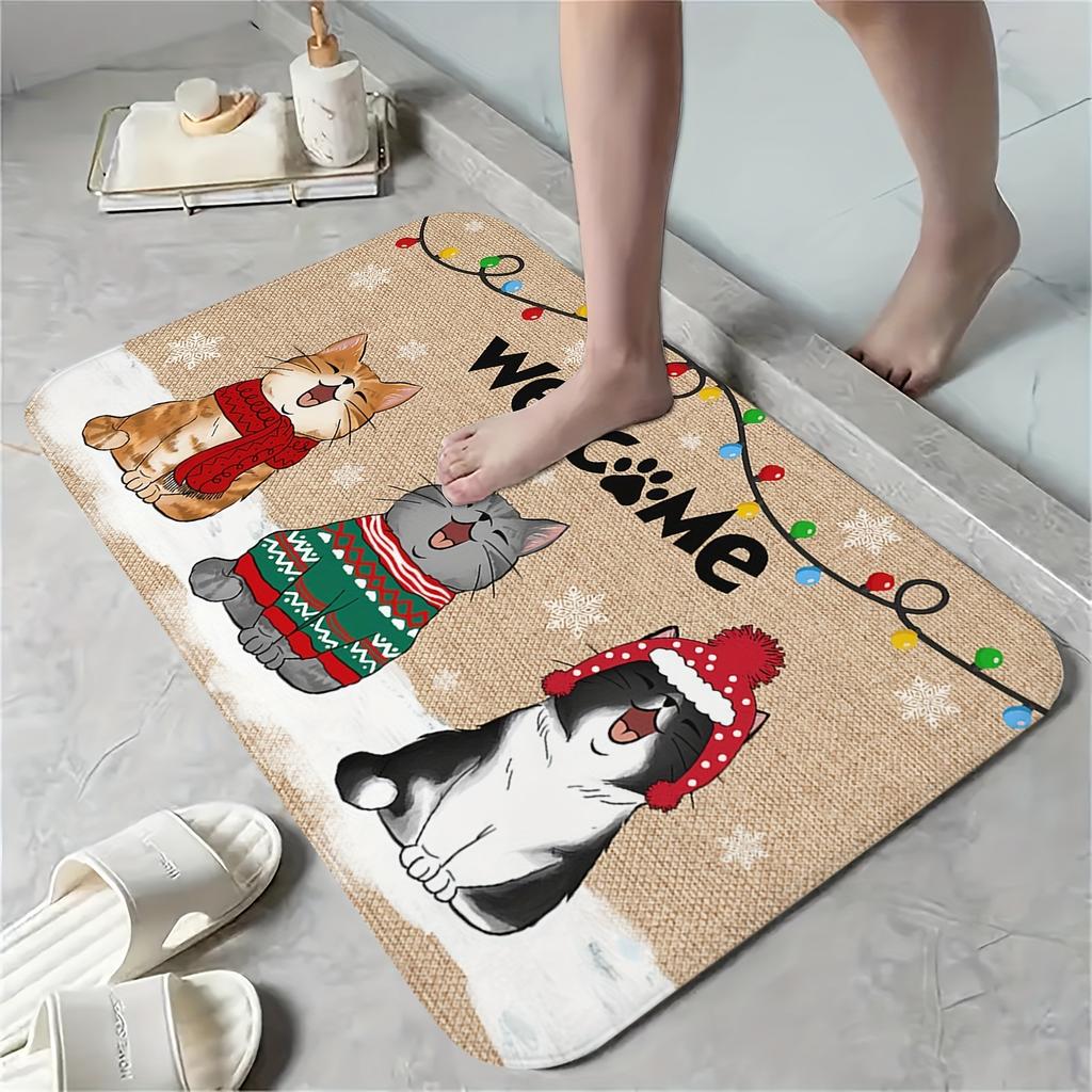 Plush Cat Welcome Doormat, Ultra-Soft Absorbent Polyester Rug, Non-Slip Christmas Decor for Bathroom Living Room Rug