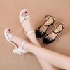 Sandals Women's 2019 Summer New Korean Version Thick Heel Open-toe One-word Buckle Medium Heel Metal Decorative Fashion Sandals
