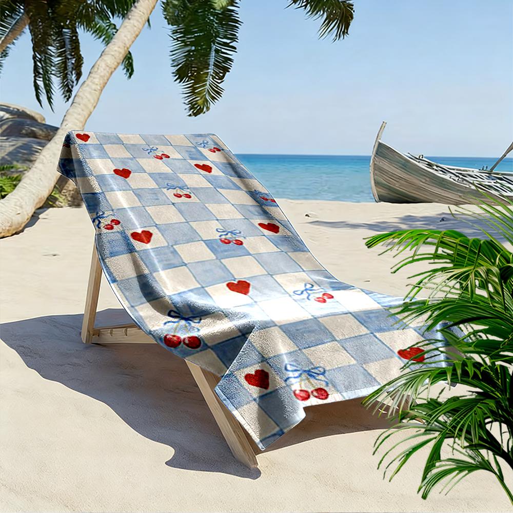 Blue Checkered Pattern with Hearts and Cherries Beach towel quick-drying for travel outdoor sports jogging beach and swimming