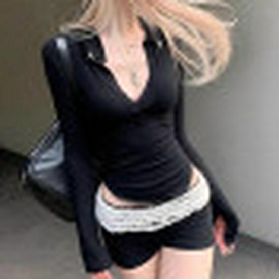 

Spicy Red V-Neck Long-Sleeve Top: Flattering, Sexy Design for Spring Small чёрный