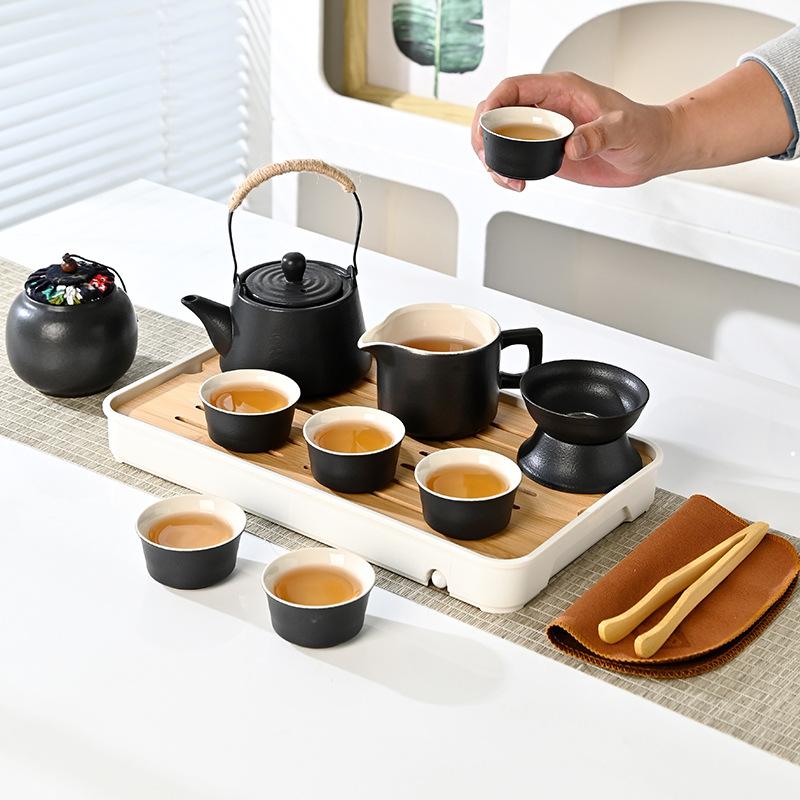 Black pottery beam pot travel tea set Outdoor leather bag storage bag Portable tea tray complete set Company gifts