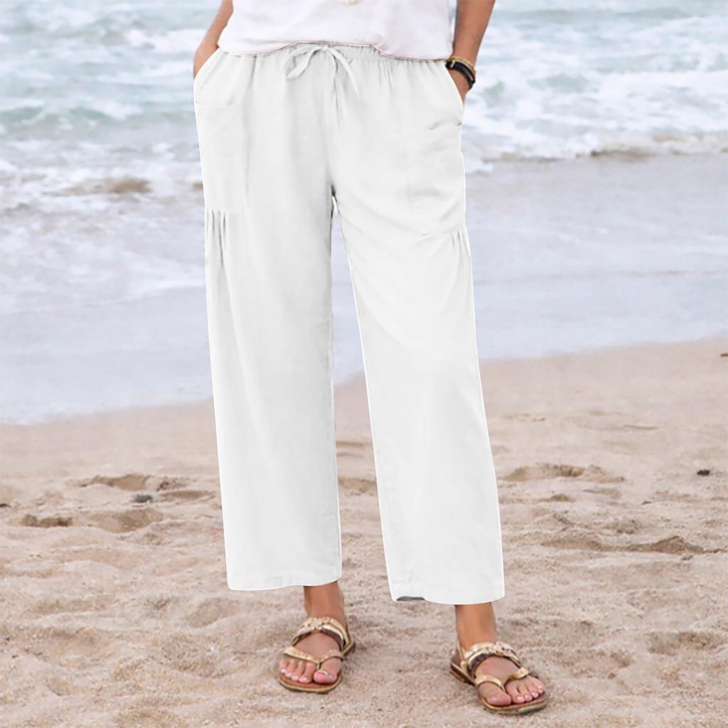 Women Loose Fit Wide Leg Drawstring Pants Casual Linen Trousers with Pockets Elastic Waistband Relaxed Fit Summer Bottoms