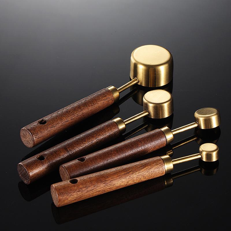 Złoty uchwyt z drewna, stal nierdzewna, miarki, łyżki, narzędzia do pieczenia, zestaw łyżek miarowych do kawy, akcesoria do wag barmańskich