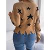 Women's V-Neck Star-Print Sweater Ragged Hem Style Long Sleeves Knitted Pullover