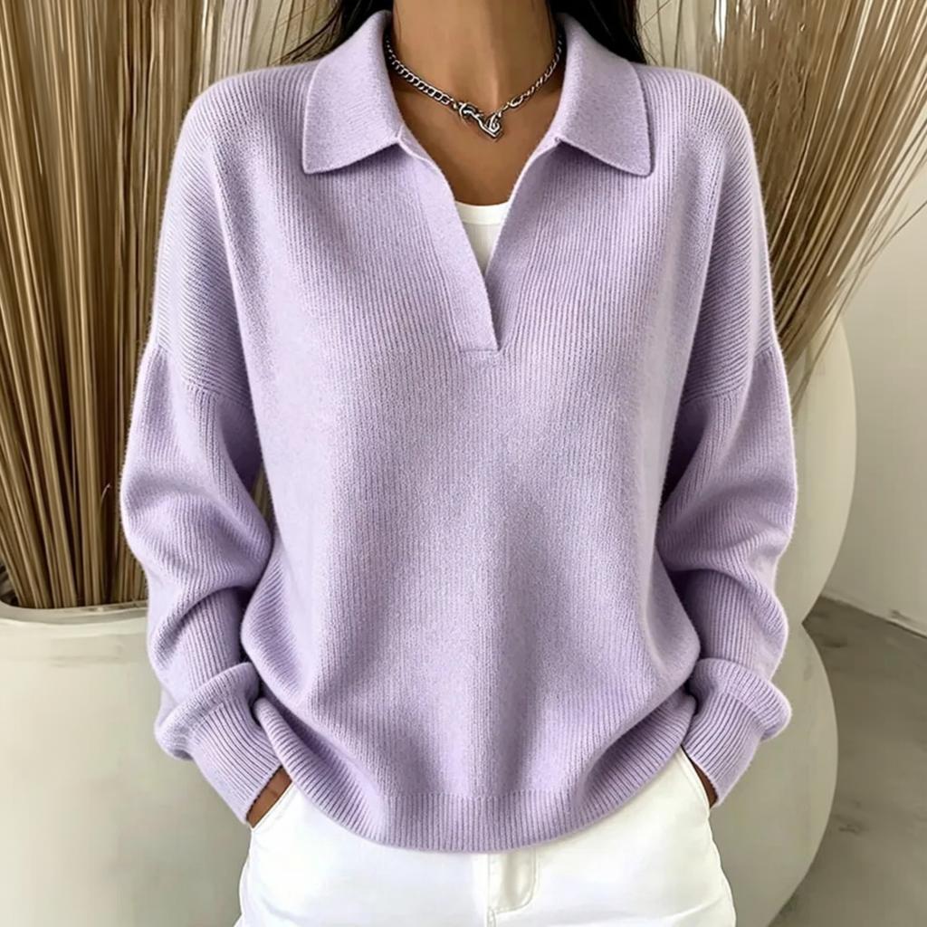 Women's V-Neck Collared Ribbed Knit Loose Fit Casual Sweater for Spring and Fall