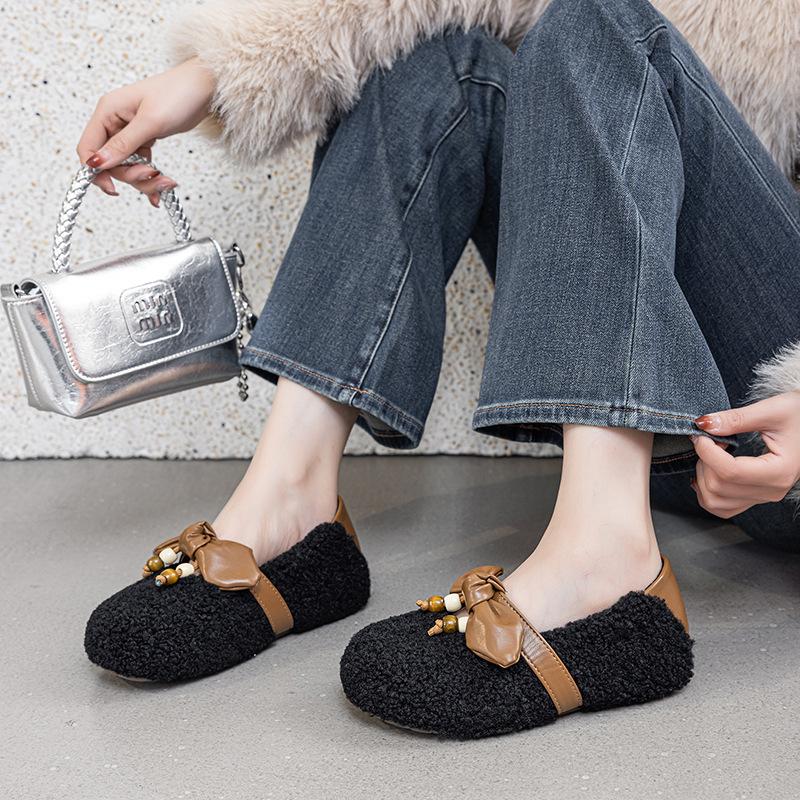 Fleece Lined Mary Jane Shoes Women's Autumn Winter New Style Red Trendy Slip-On Plush Cotton Shoes with Bow Tie Warmth
