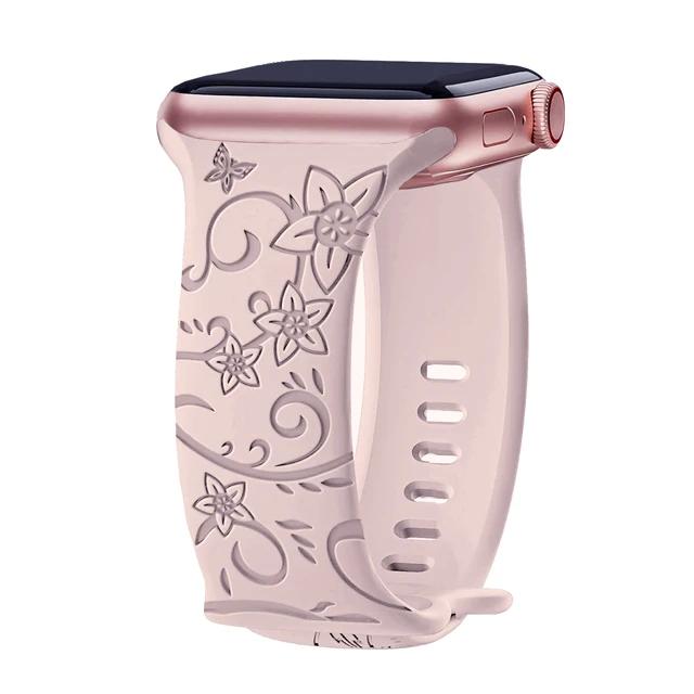 Floral Engraved Strap For Apple Watch Band 40mm 44mm 41mm 49mm 45mm 38mm 42mm Silicone Bracelet Iwatch Series 9 7 Se 6 8 Ultra 2