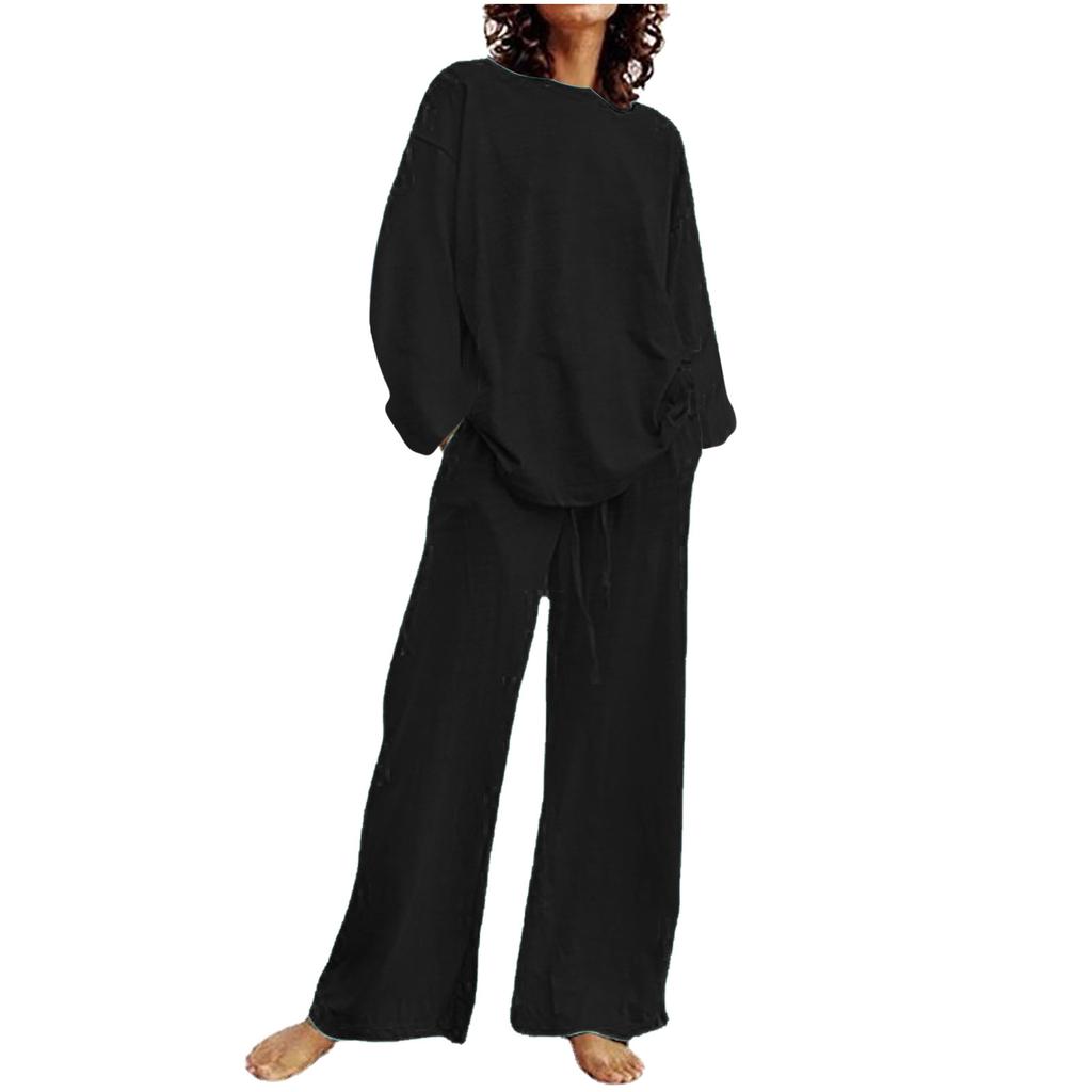 DAFIFY Women's Fashion Casual Spring Autumn Solid Color Print Long Sleeve O-Neck Trousers Pants Suits