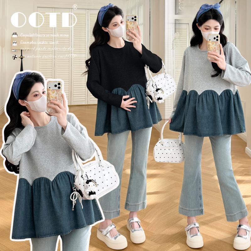 2026 Spring Maternity Fashion: Stylish Patchwork Fake Two-Piece Loose Doll Shirt for Women M