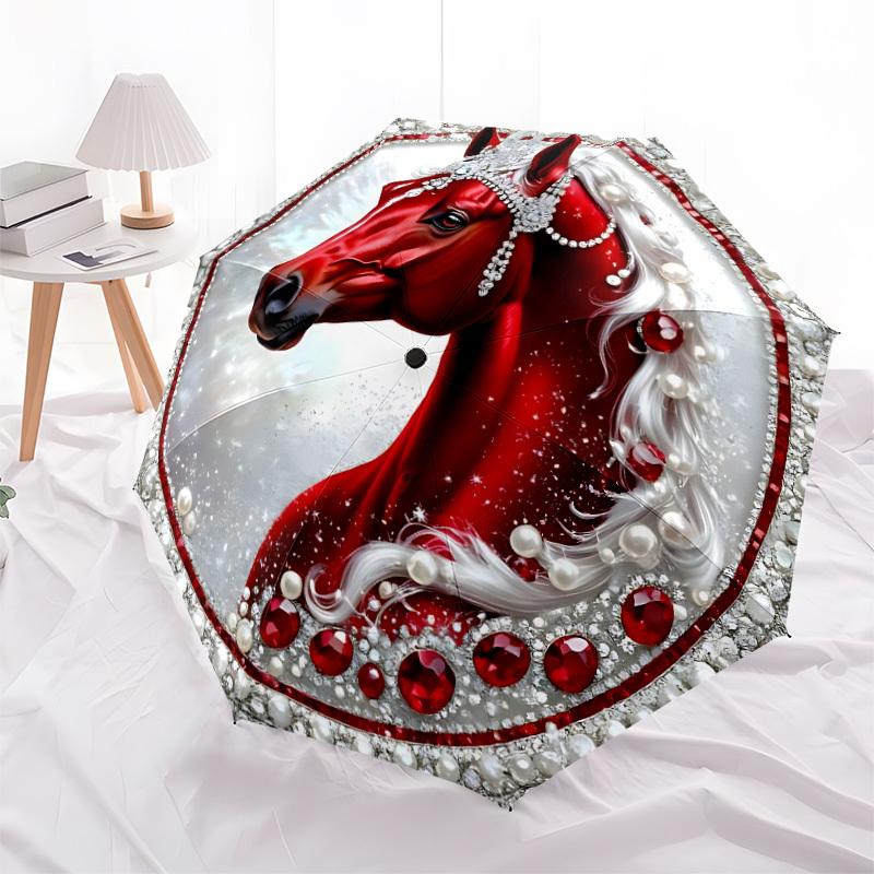 1pc Jeweled Horse Automatic Opening/Closing Folding Umbrella with 8 Ribs, Plastic Handle, Windproof Portable Sunshade Umbrella Yy251222225