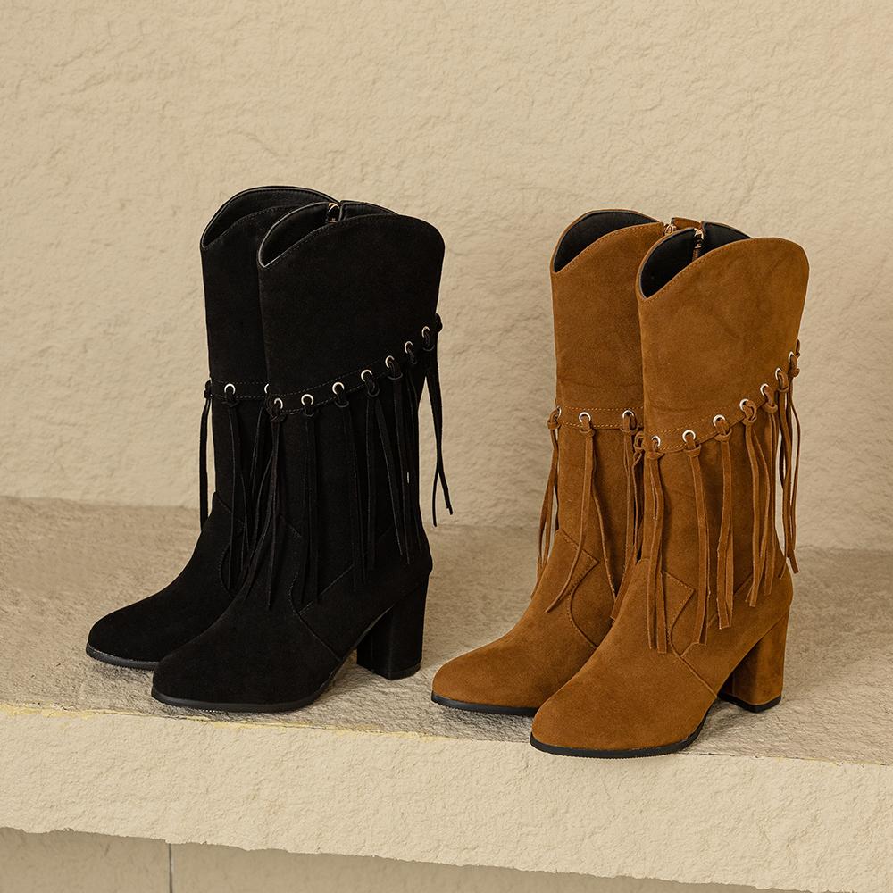 Winter Black Yellow Women Mid Calf Boots Round Toe High Heel Small Big Size 33 52