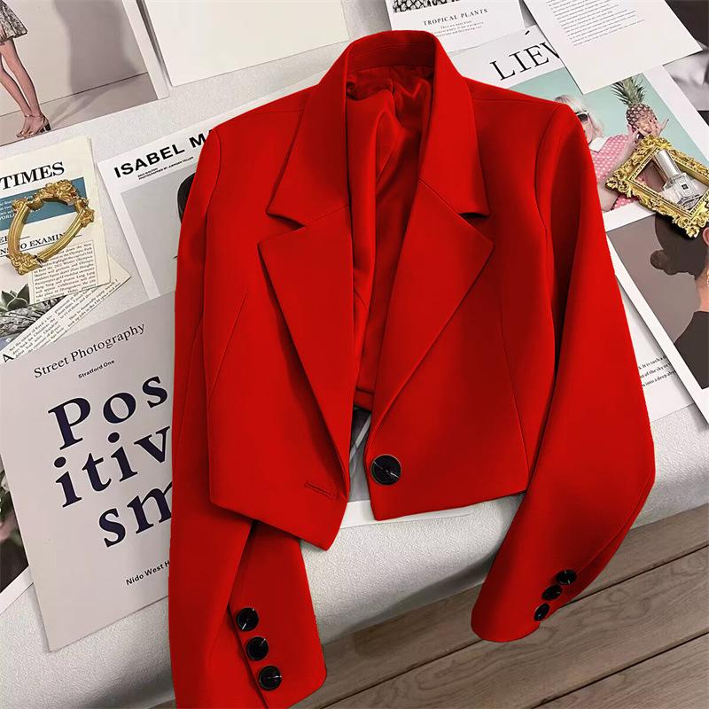Women's One Button Short Blazer, Polyester Long Sleeve Notched Lapel Regular Fit Elegant Commuter Suit Jacket