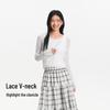 Semir Women's Short Slim-Fit Lace V-Neck Knitted Cardigan