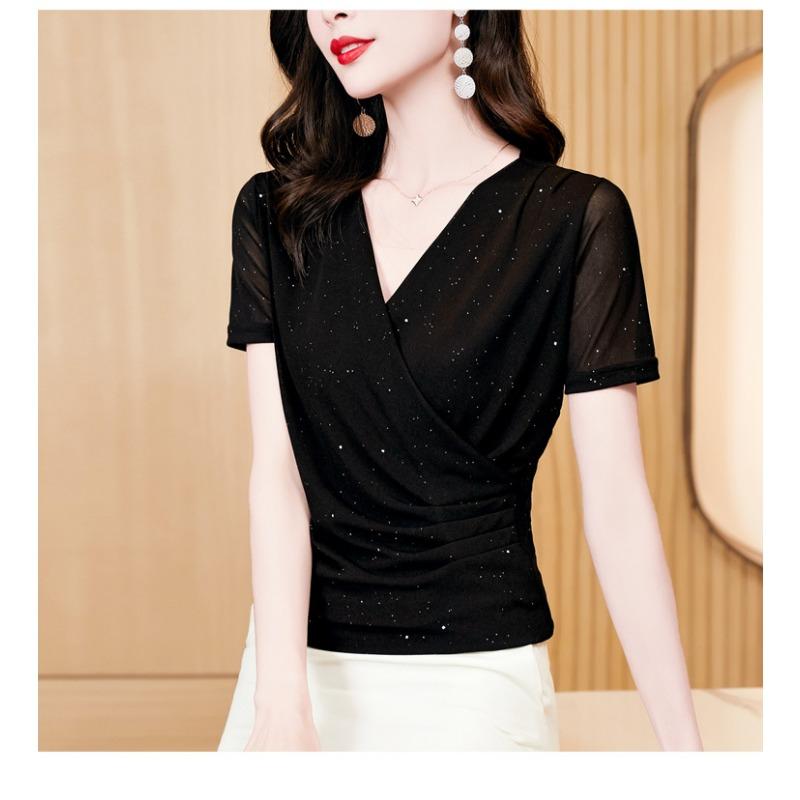Summer New Style Cross V-neck Solid Color Mesh Bright Pink Slim Fit Short-sleeved Top for Women