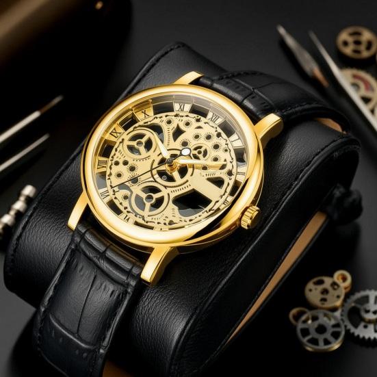 Vintage Men Watch Hollow Round Dial Faux Leather Strap Casual Formal Watch Accurate Quartz Wristwatch Fashion Jewelry Gift