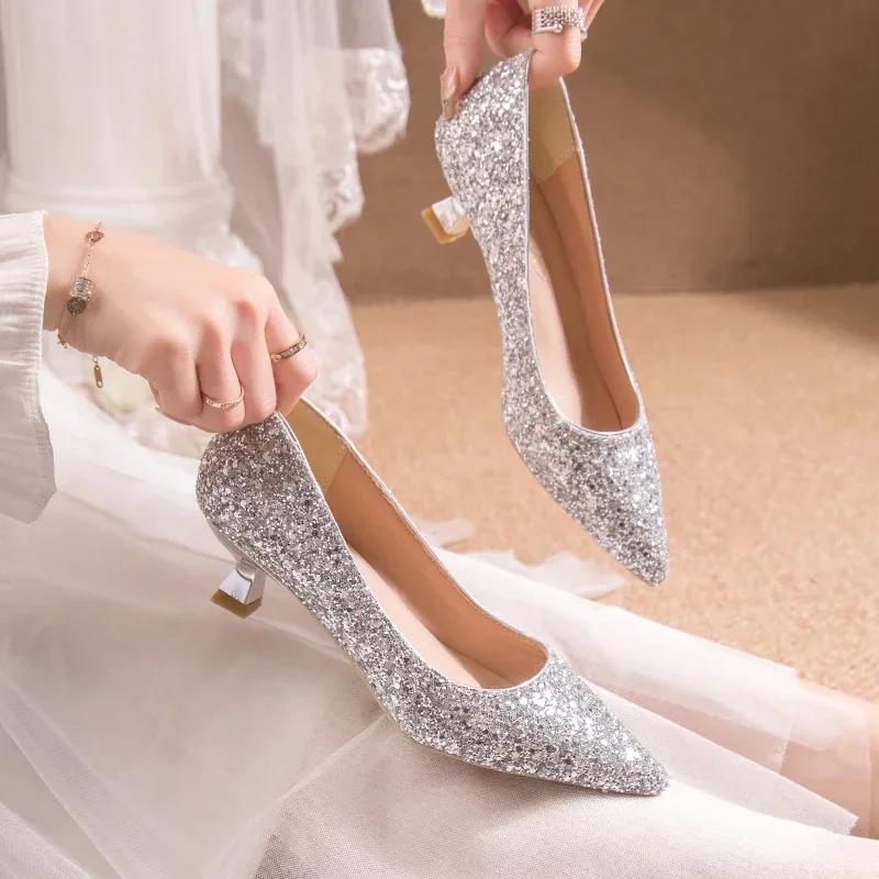 Fashion 2025 New Crystal Wedding Shoes Female 2024 New Gold Wedding Bridesmaid High Heels Bridal High Heels Zapatillas De Mujer