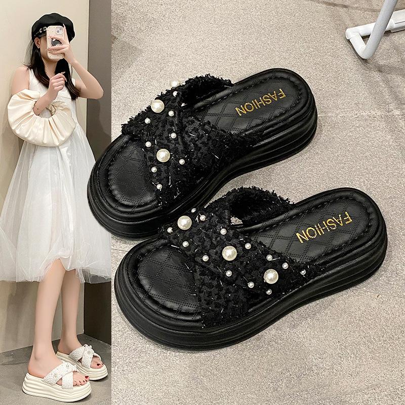 Fashion Cross-Tied Shoes Woman 2025 Low House Slippers Platform Pantofle String Bead Summer New Cotton Fabric Slides Rome Rubber PU Hoof